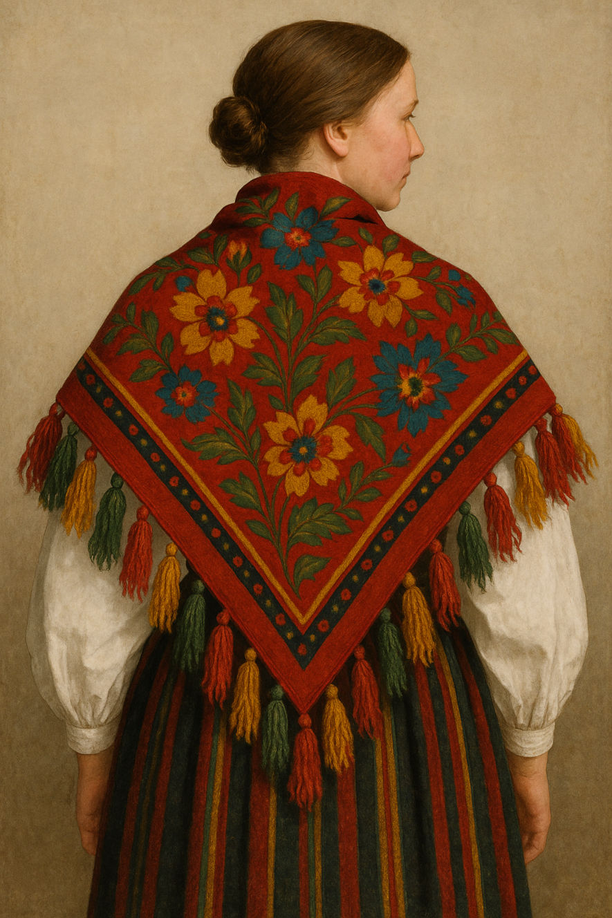 Målning av en kvinna bärandes en scandinavian scarf