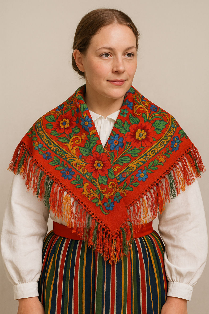 Så kan en skandinavisk sjal se ut, blommig, trekantig, med fransar